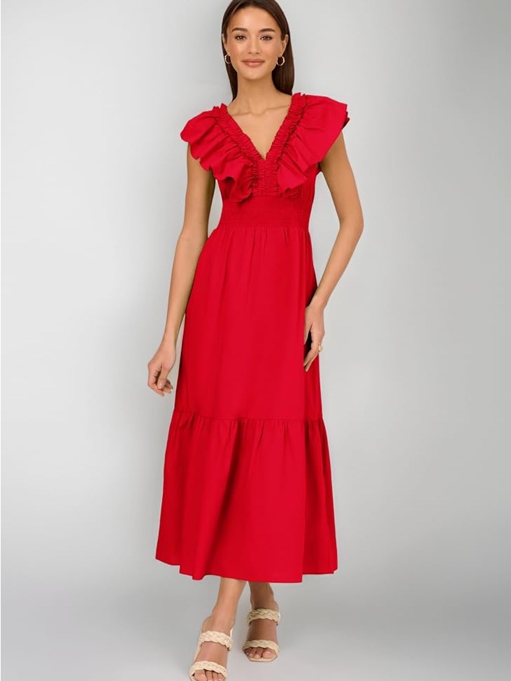 Adrianna Papell Bright Red Ruffled V-Neck Maxi Dress